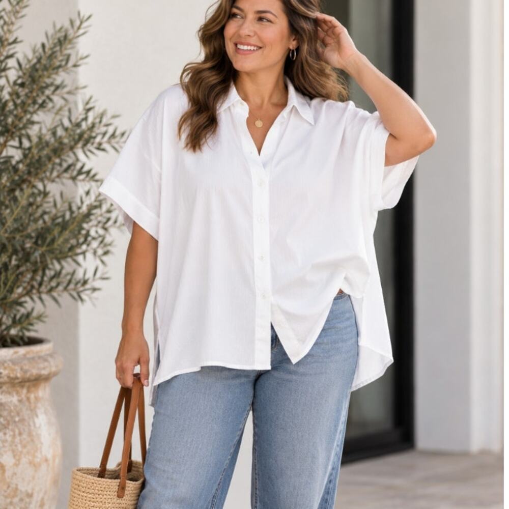 Eileen Fisher Organic Cotton Oversized Button Up Shirt White Plus 1X Minimalist